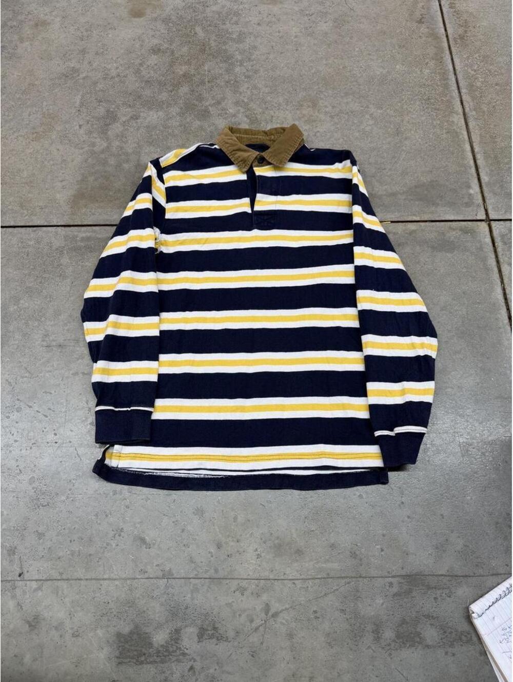 vintage l.l. bean white yellow and navy striped rugby polo shirt size small